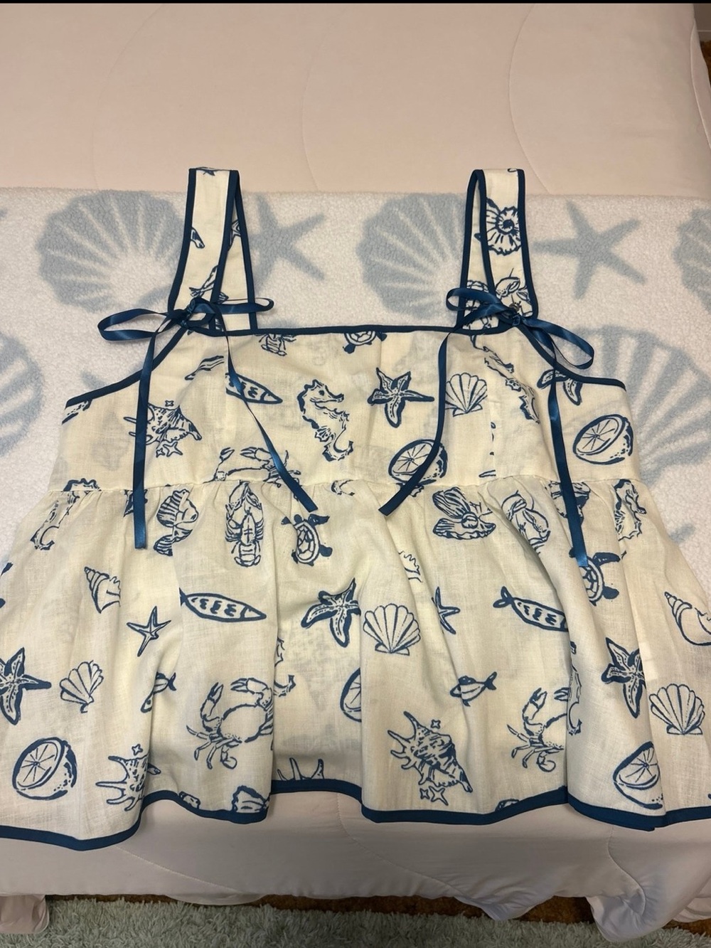 Cider White & Blue Coastal Print Babydoll Shirt NWOT